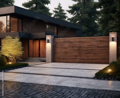 Modern house with wooden gate and lights. Generative AI.