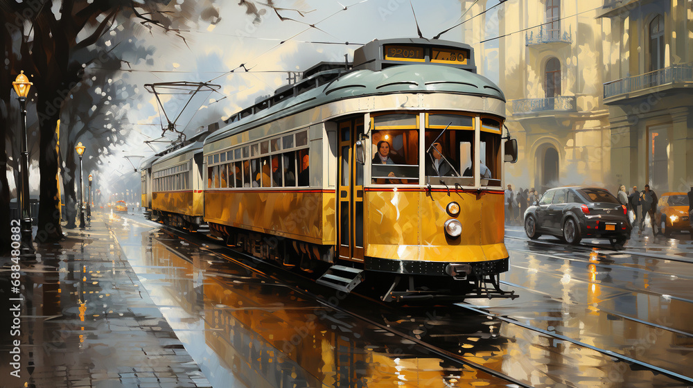 Oil Painting of Yellow Color Old Tram on Road Cityscape Background