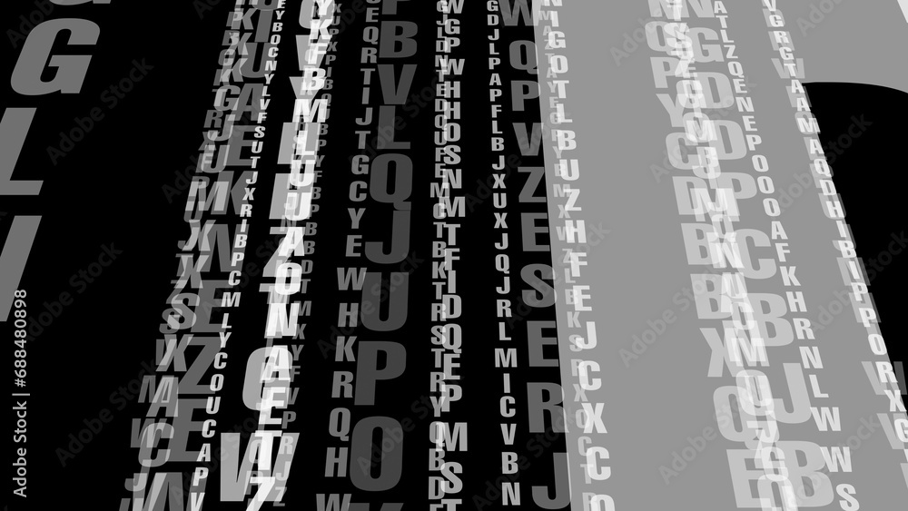 Typography chaotic composition of random letters on black, energetic and stylish pattern of encrypted communication and contemporary design inspiration