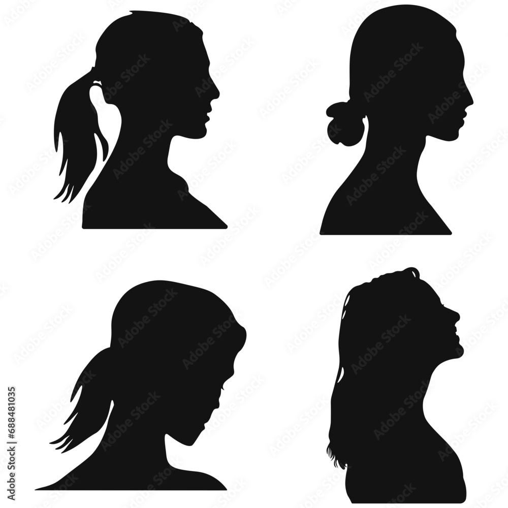 Set of Woman Head Silhouette Icons. With Different Hairstyle. Vector Illustration. 