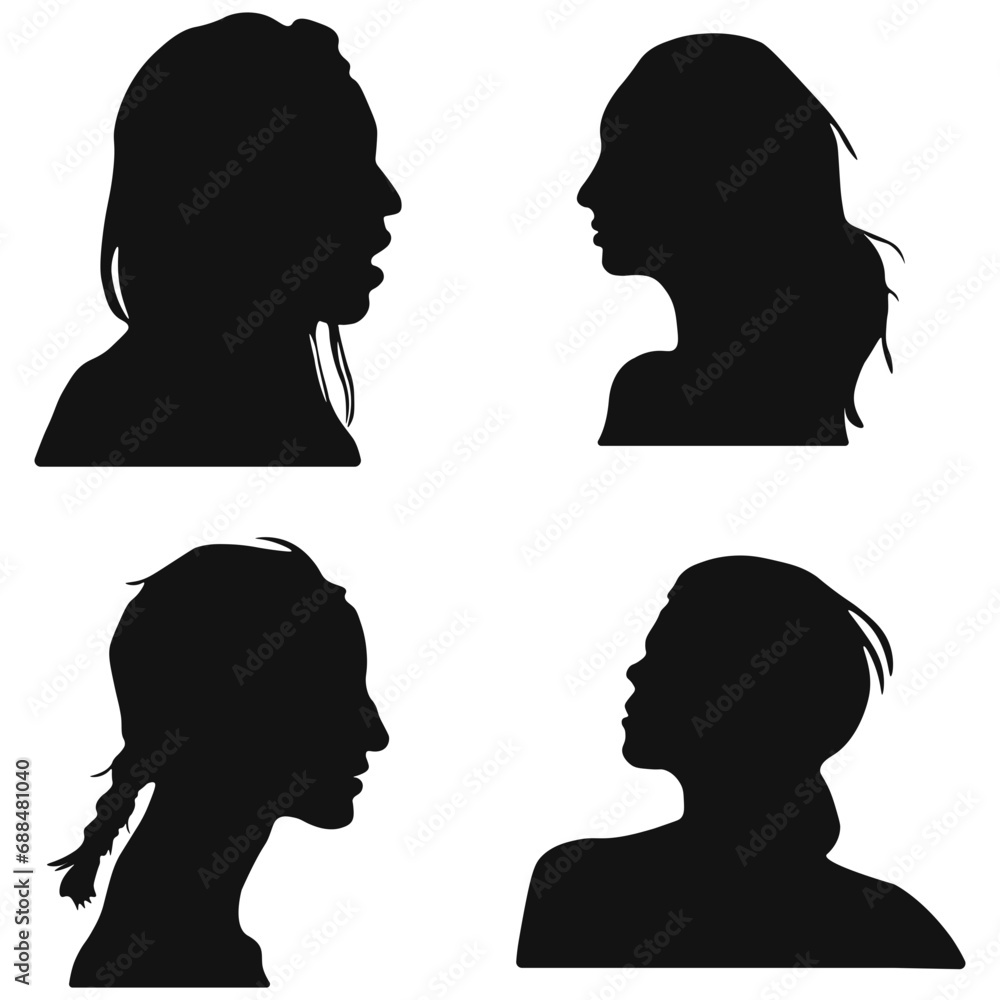 Set of Woman Head Silhouette Icons. With Different Hairstyle. Vector Illustration. 