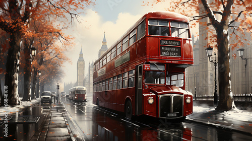 Oil Painting of Red Color Old Tram on Road Cityscape Background photo