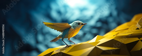 small virtual canary bird standing on low poly digital surface in metaverse concept banner  © IBEX.Media