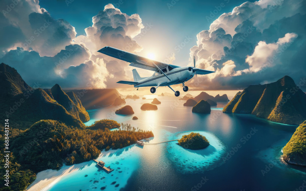 Light passenger aircraft with one propeller in the front flies over tropical islands in the morning - obrazy, fototapety, plakaty 