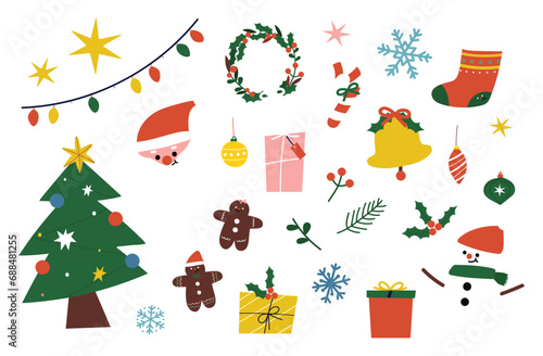 Simple Christmas background, golden geometric minimalist elements and icons. Happy new year banner. Xmas tree, snowflakes, decorations elements. Retro clean concept design - eps 10
