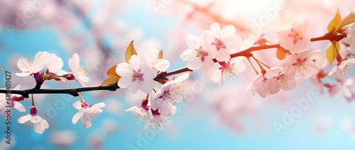 Spring banner with branches of blossoming cherry background with blue sky, landscape panorama, copy space. 