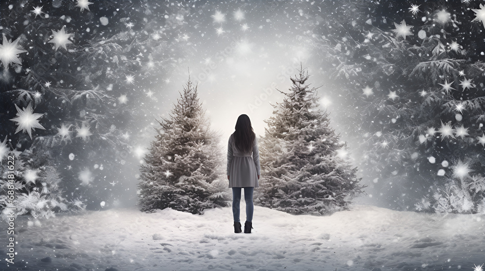 Winter Whispers: Backside View of a Graceful Girl in a Snowy Christmas Scene, Embracing the Magic generative AI