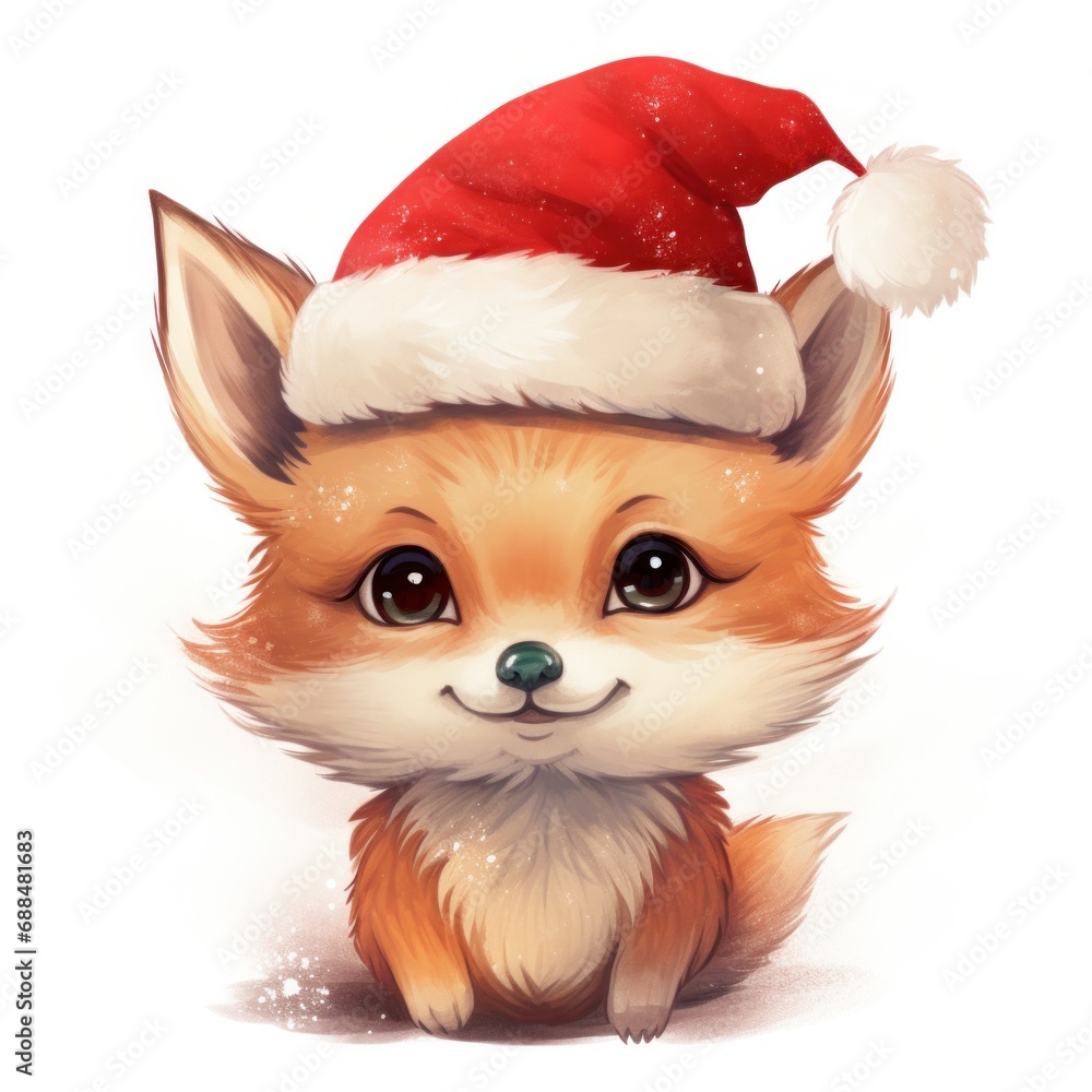 Charming fox kit with Christmas cap, snowy forest backdrop, holiday card artwork Charming fox kit with Christmas cap, snowy forest backdrop, holiday card artwork