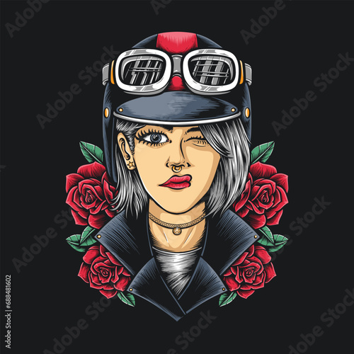 girl biker with roses and leather jacket