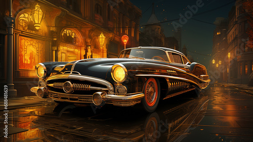 A Classic Retro Car on The road Watercolor Oil Painting Cityscape Background © AI Lounge
