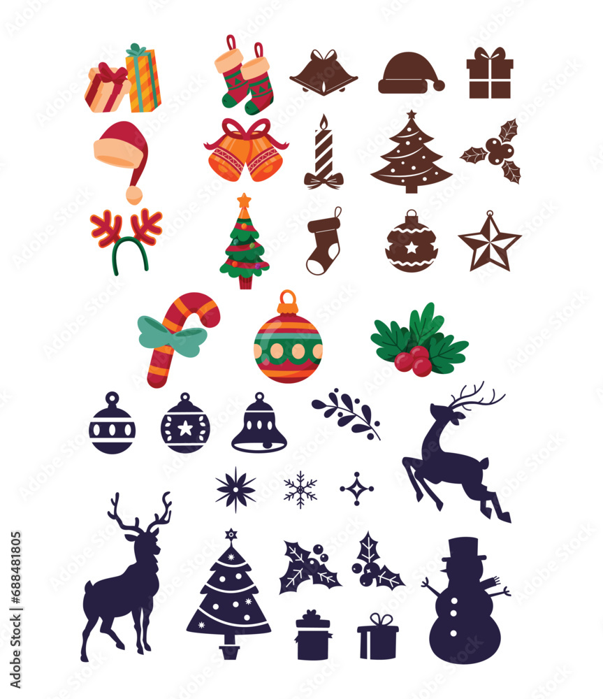 Fototapeta premium Simple Christmas background, golden geometric minimalist elements and icons. Happy new year banner. Xmas tree, snowflakes, decorations elements. Retro clean concept design - eps 10 