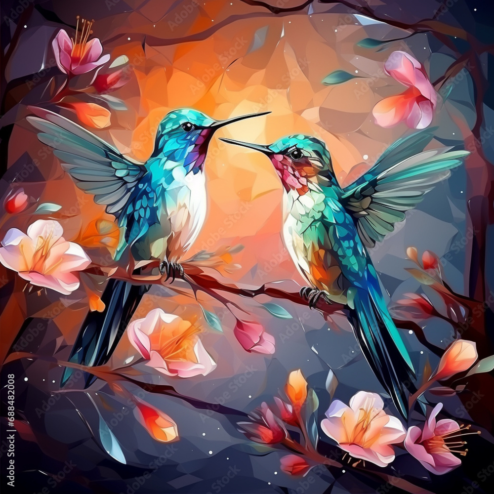 Obraz premium Colorful hummingbirds feeding on vibrant flowers against a dark artistic backdrop. 