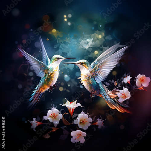 birds and flowers, in the style of luminous