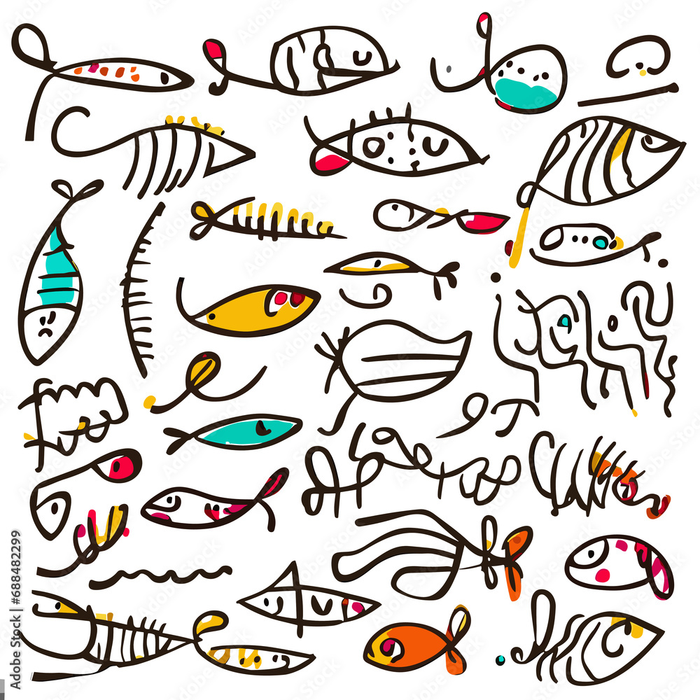 Naklejka premium Dive into an ocean of imagination with this title, featuring children's drawings of fish in a fin-tastic array of patterns, drawn with simple lines and a burst of aquatic colors.