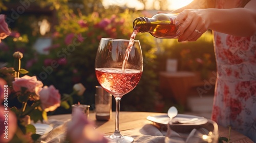 Woman pouring rose wine into glass at table in garden  closeup