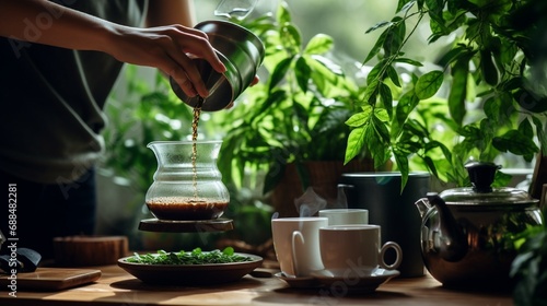 Woman's hand pouring freshly brewed coffee in cup. View on coffee tree plant and drip coffee maker on wooden table