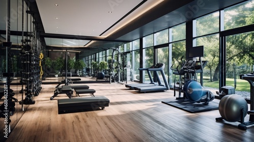 : A home gym with mirrored walls, high-end exercise equipment, and motivational quotes to inspire an invigorating workout. 