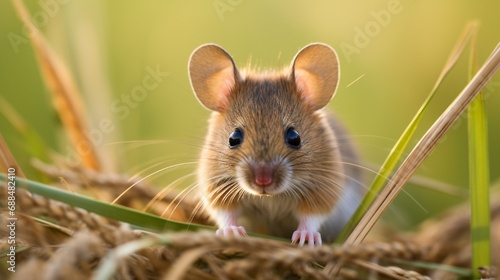 Wood mouse in front of a grass background