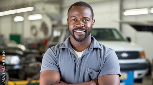 The happy mechanic grins while posing in his auto workshop.