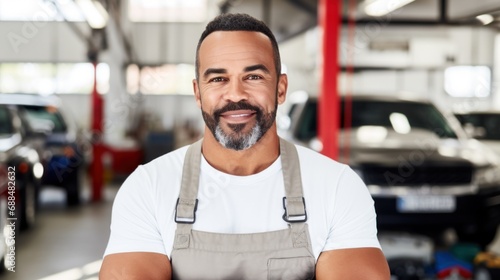 Auto technician grins with joy while posing in the service center.