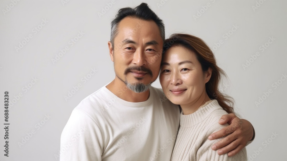 Embracing each other, a middle-aged Asian couple shares a moment of happiness in their dwelling. Embracing each other, a middle-aged Asian couple shares a moment of happiness in their dwelling.