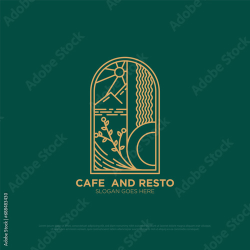 Geometric for cafe and restaurant logo design, outline food and beverages vector illustration, fine dining logo template