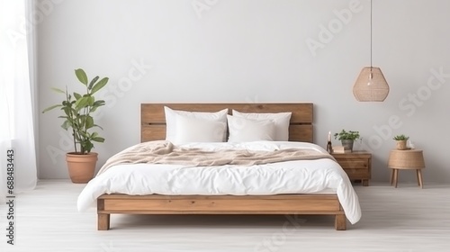Wooden bed with soft white mattress  blanket and pillows in cozy room interior