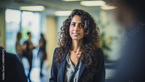 Wallpaper Mural A young woman with curly hair, smiling and looking at someone off-camera in an office environment. Torontodigital.ca