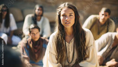 A young Caucasian woman with long hair in ancient attire sits in a circle of people outdoors.