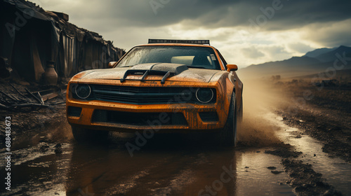 A Futuristic Luxury Super Sports Car on Grungy Pavment Road on Mountain Range Selective Focus Background