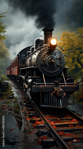 An Antique Steam Passenger Train Traveling Thru Mountains Puffing Lots of Smoke on a Cloudy Winter Day Background