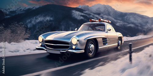 Small Retro Luxury Car Driving in A Snowy mountain setting The Car Powers Through The Snow Covered Roads on Blurry Background
