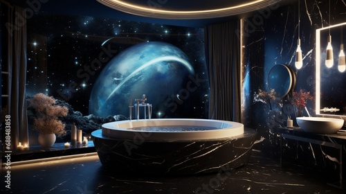 A celestial-themed bathroom with cosmic wallpaper, starry LED lights, and a futuristic bathtub for a relaxing interstellar experience. 