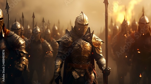 epic medieval warriors marching to battle fire dragon  photo