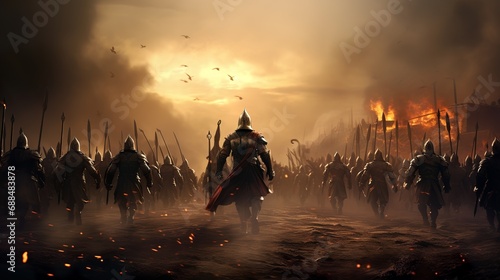 epic medieval warriors marching to battle fire dragon 