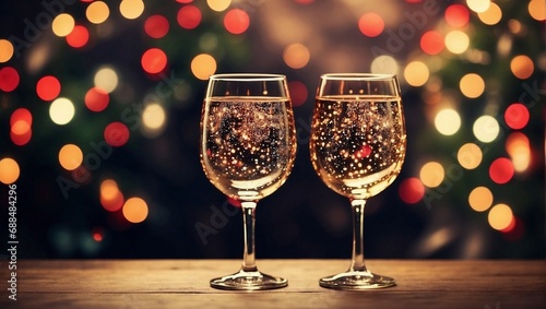 Top View Wine Glasses, Christmas Bokeh and Light Background