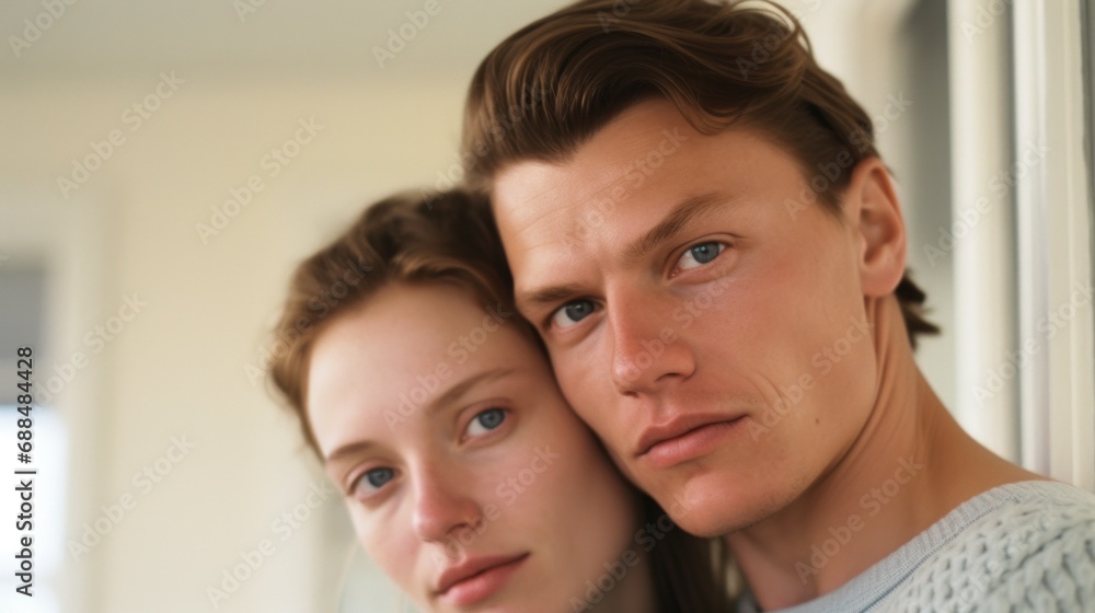A diverse couple shares a warm embrace at home. A diverse couple shares a warm embrace at home.