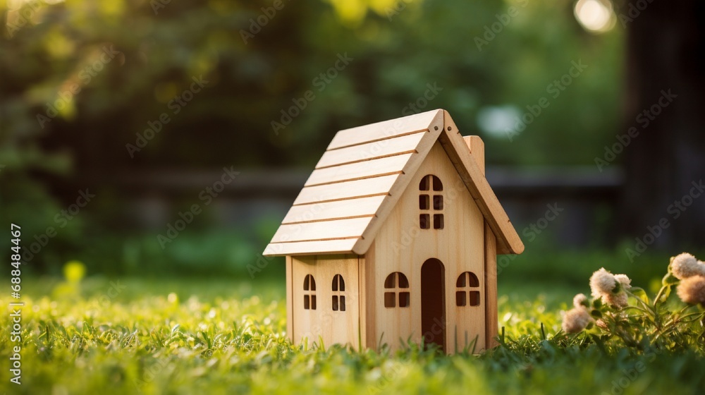 Wooden toy house on grass backgroung Wooden toy house on grass backgroung