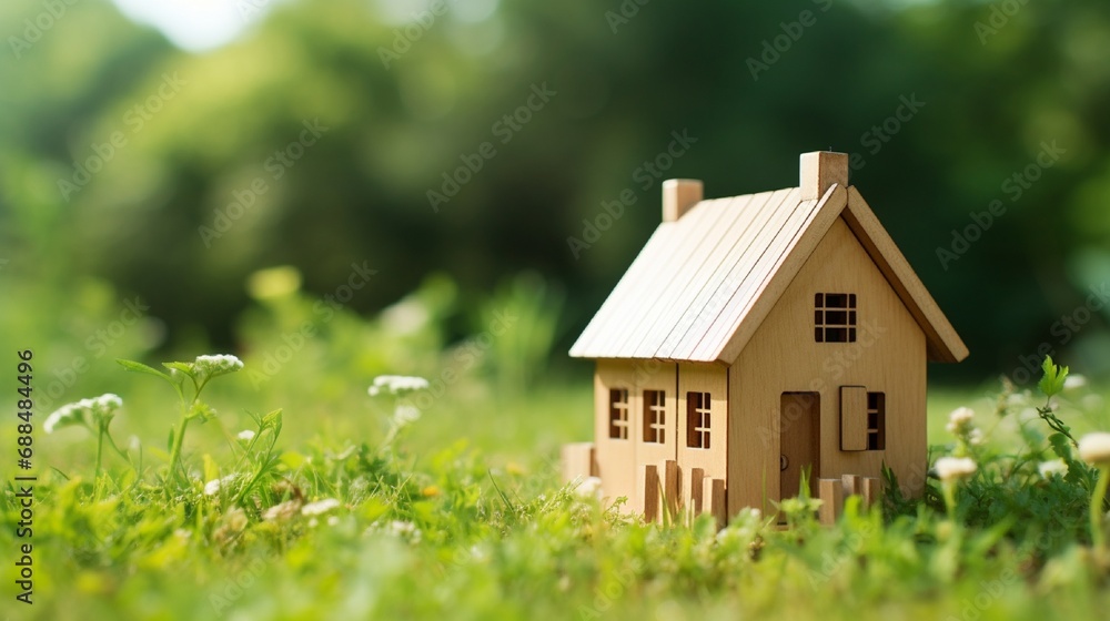 Wooden toy house on grass backgroung Wooden toy house on grass backgroung