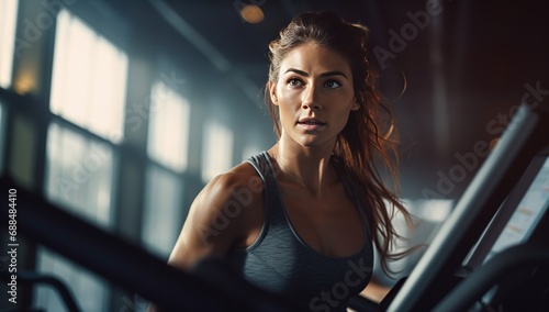 Young Caucasian adult woman with long hair, in athletic wear, on a treadmill, focused gaze, in a gym with natural lighting.