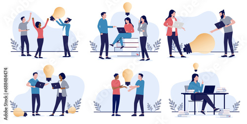 People with idea vector collection - Businesspeople working in office comping up with great ideas holding big lightbulbs. Innovation and inspiration concept in flat design with white background