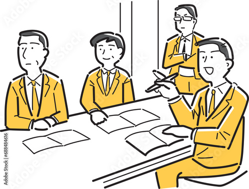 会議で意見を言う会社員
