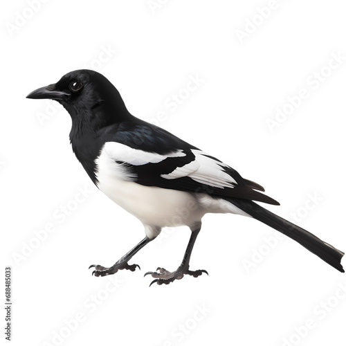 Black and white feathered magpie isolated on transparent background