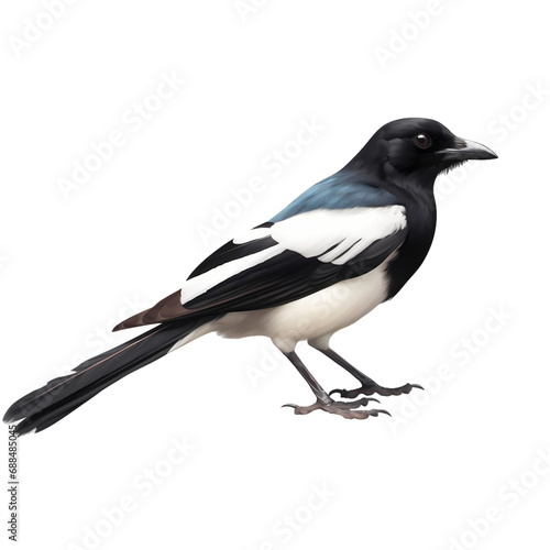 Black and white feathered magpie isolated on transparent background