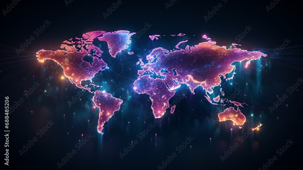 World map in space neon - obrazy, fototapety, plakaty 