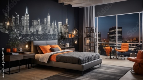A cityscape-themed bedroom with skyline murals, sleek furniture, and a wall-mounted city map for an urban and cosmopolitan feel.