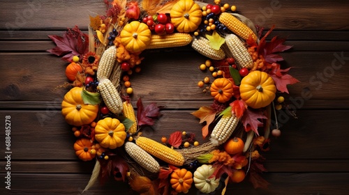 Woven wreath decorated orange leaves, autumn berries and vegetables pumpkins, corns, mushrooms, peppers, garlic at the wooden boards background.