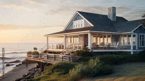 A coastal beach house exterior with weathered shingles, a wraparound porch, and panoramic ocean views for a relaxed and breezy atmosphere. 