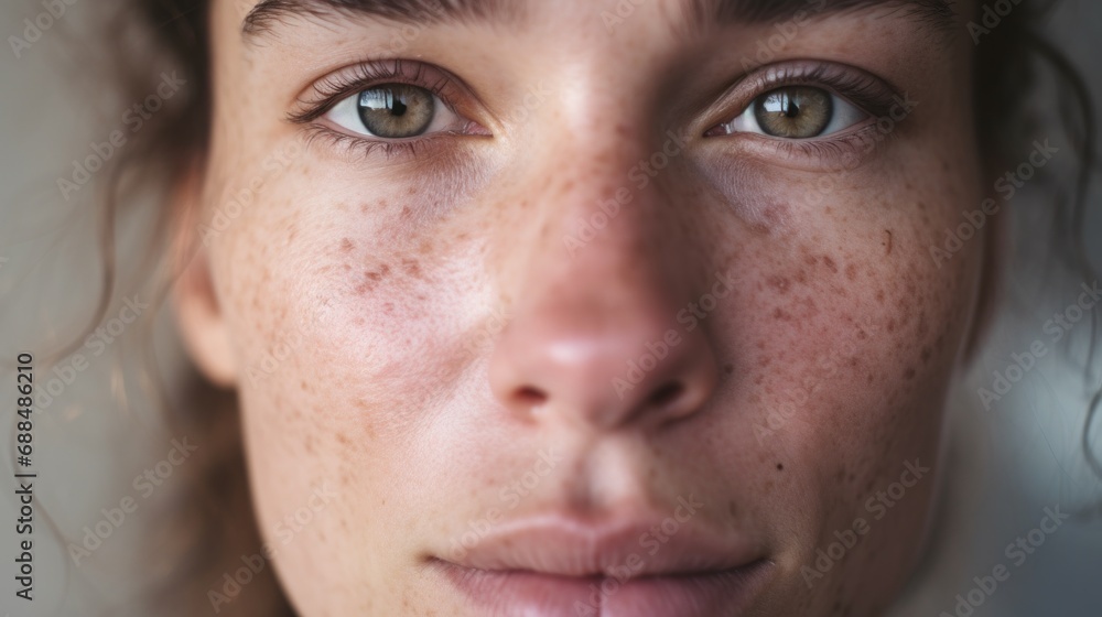 Posing against a studio light beige background, a woman from Europe embraces her imperfect skin. Posing against a studio light beige background, a woman from Europe embraces her imperfect skin.