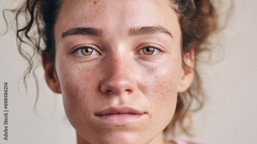 Fototapeta premium Against a studio light beige background, a woman from Europe confidently showcases her imperfect skin.